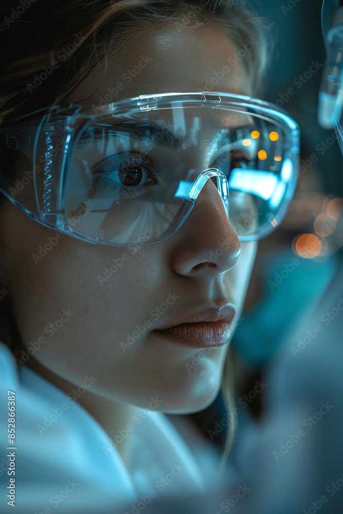 Close-up of a focused scientist wearing protective goggles, working in a laboratory environment with scientific equipment around. Close-up of a focused scientist wearing protective goggles, working in a laboratory environment with scientific equipment around.