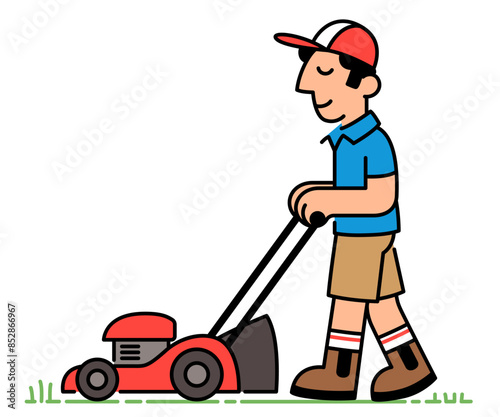 Cartoon man mowing lawn drawing