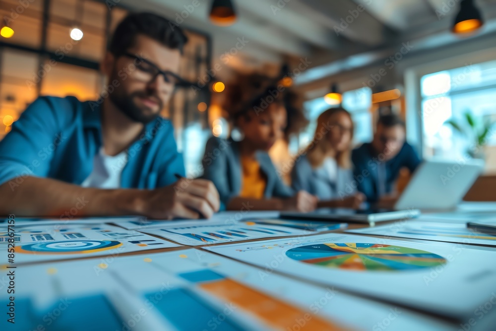Focused team analyzing data charts in office meeting. Professionals collaborating and discussing business strategy and financial reports. Focused team analyzing data charts in office meeting. Professionals collaborating and discussing business strategy and financial reports.