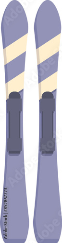 Pair of blue and beige mountain skis standing upright on a white background, ready for a day on the slopes