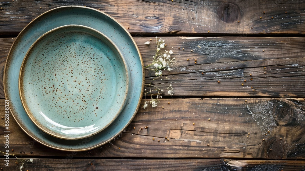 Rustic dinner setting with two small plates on a wooden table Rustic dinner setting with two small plates on a wooden table