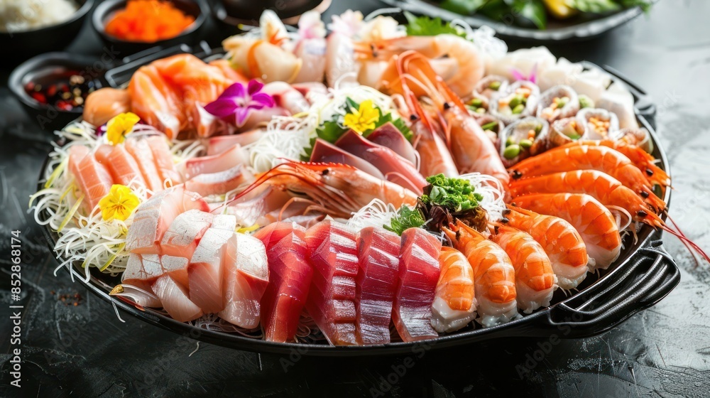 Delicious Japanese food, seafood sashimi platter. Delicious Japanese food, seafood sashimi platter.