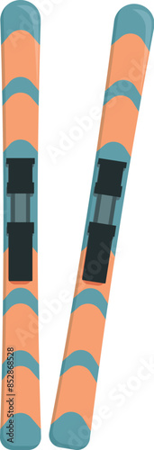 Two orange and blue skis standing upright, ready for a day on the slopes