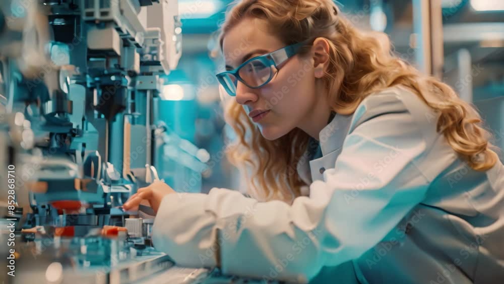 An industrial engineer in a lab coat works on a machine in a manufacturing facility, An industrial engineer collaborating with colleagues to implement innovative solutions in a factory An industrial engineer in a lab coat works on a machine in a manufacturing facility, An industrial engineer collaborating with colleagues to implement innovative solutions in a factory