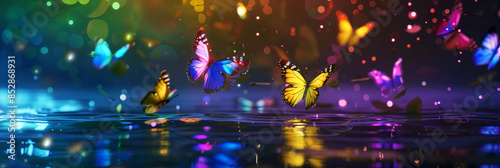 夜の湖に虹色に輝いているの綺麗な蝶、コピースペース,テキスト用スペース,Generative AI,Beautiful butterfly in rainbow colors shining on a lake at night, Copy Space,Space for Text,Generative AI photo