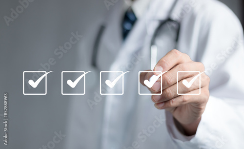 Check list concept.Medical worker with online checklist survey, filling out digital form checklist, take an assessment, questionnaire, evaluation, online survey, online exam