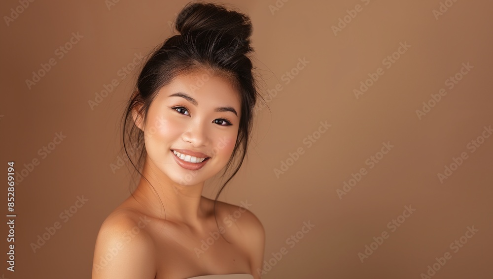 A beautiful young Thai woman with an elegant updo hairstyle, smiling softly while standing against a light brown background. A beautiful young Thai woman with an elegant updo hairstyle, smiling softly while standing against a light brown background.