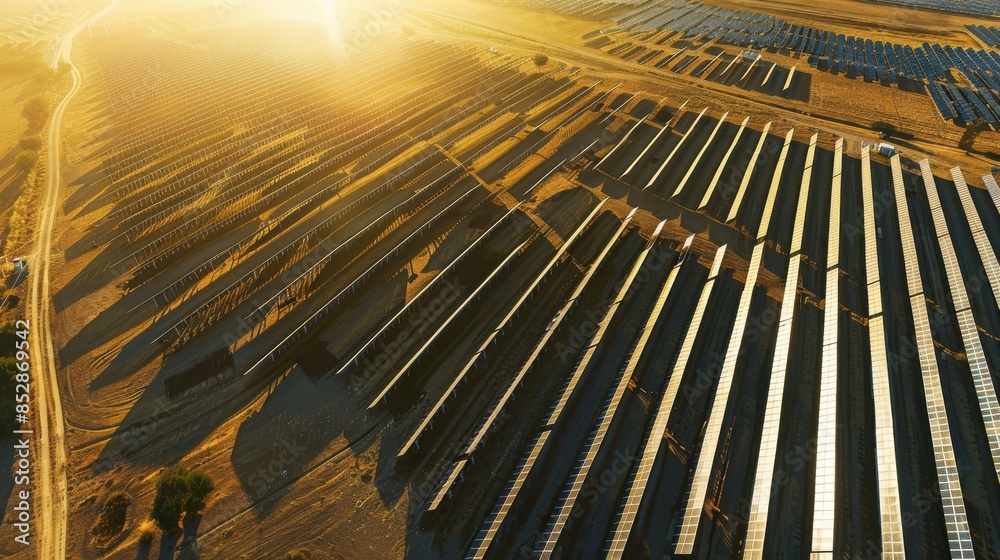 Obraz premium Solar farm with rows of solar panels in a rural area