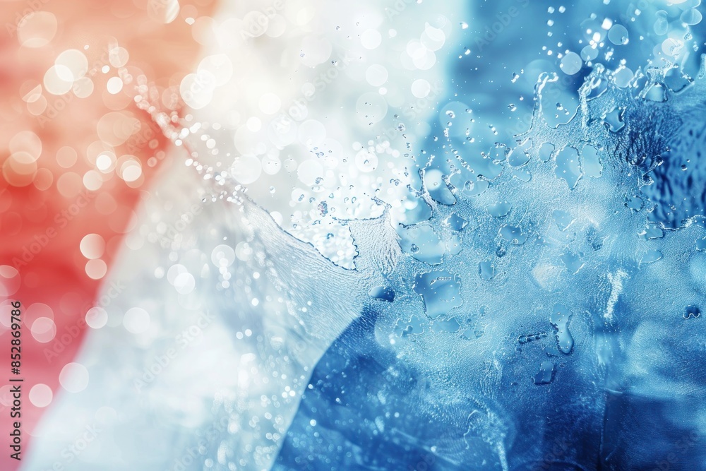 Abstract ice background with water drops and splashes of blue, red and white colors of French flag, blurred background with copy space. French national holiday and Paris Summer Olympics. Abstract ice background with water drops and splashes of blue, red and white colors of French flag, blurred background with copy space. French national holiday and Paris Summer Olympics.