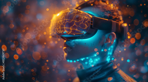 Cinematic Closeup of Holographic Augmented Reality Helmet with Digital Elements Floating in Space, Capturing Detailed Facial Expressions and Virtual Interactions for an Immersive Experience #852869730