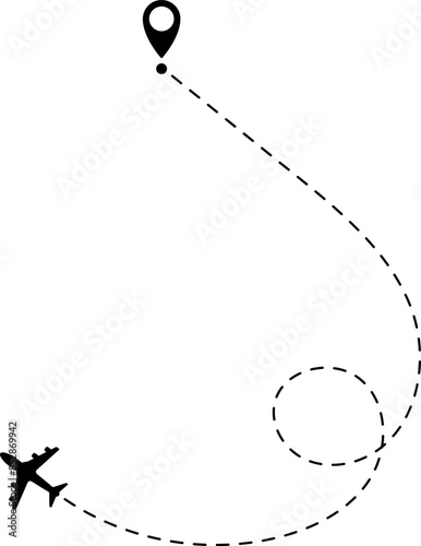 Air plane flight route with start and end point and dash line trace - Airplane line path vector icon