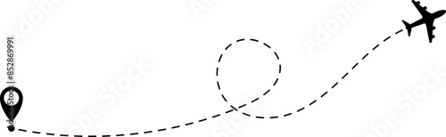 Air plane flight route with start and end point and dash line trace - Airplane line path vector icon