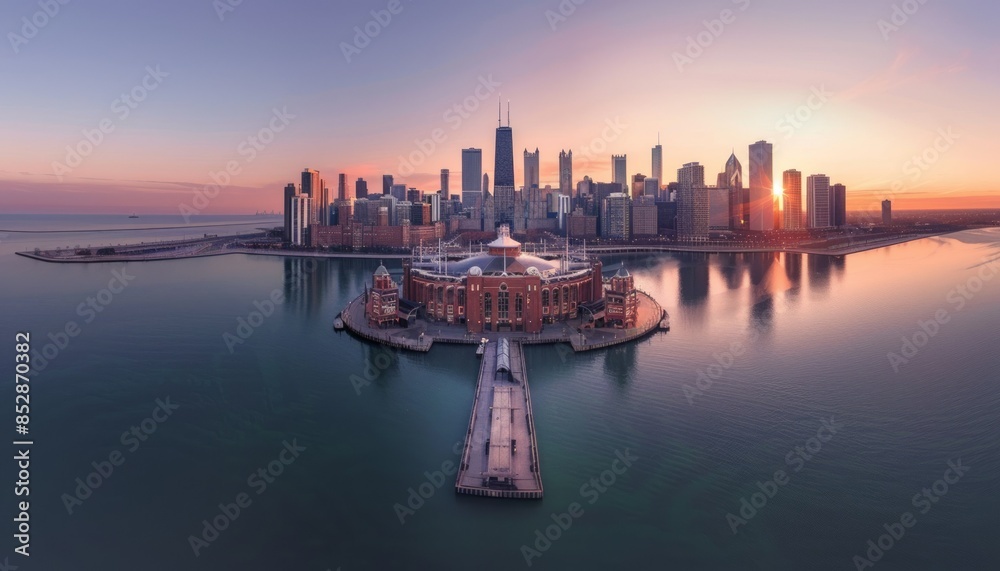 Fototapeta premium A breathtaking vista of Navy Pier on Lake Michigan, with Chicago's city skyscrapers in warm dawn