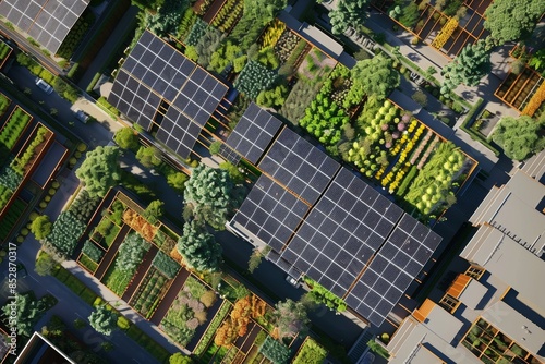 Ultra sharp aerial perspective showcasing solar panels installed above lush crops