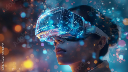 Cinematic Closeup of Holographic Augmented Reality Helmet with Digital Elements Floating in Space, Capturing Detailed Facial Expressions and Virtual Interactions for an Immersive Experience
