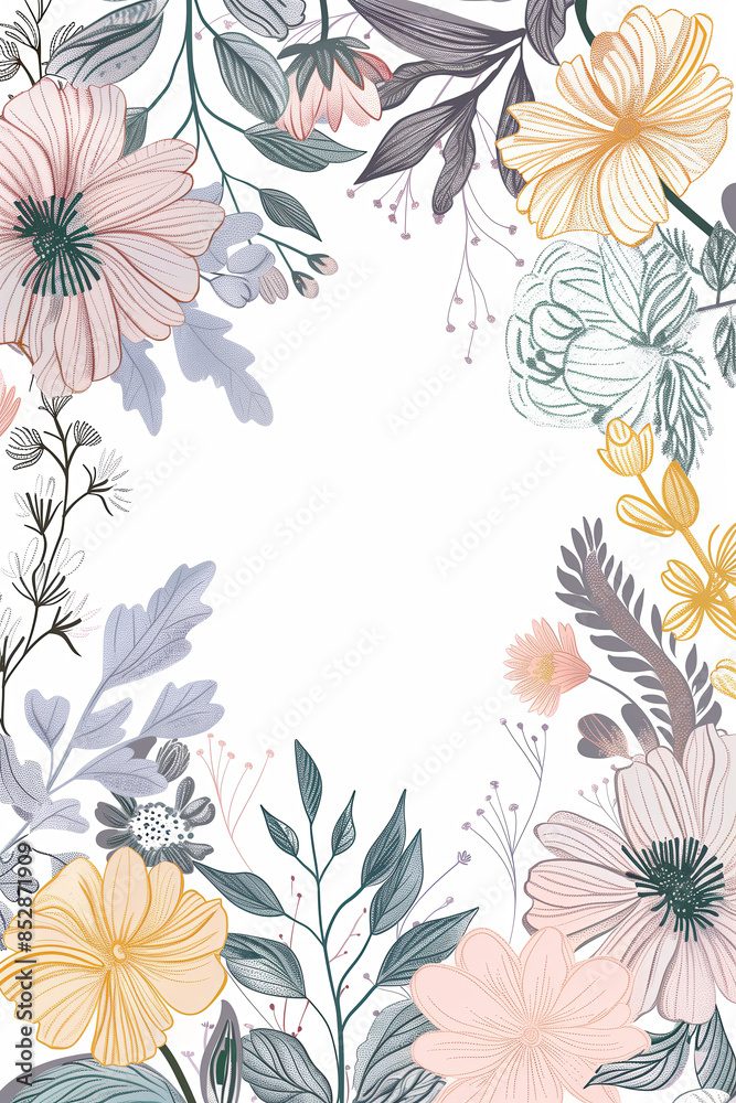 Elegant birthday card illustration featuring intricate floral motifs in soft pastel hues, arranged around a central blank space for personalized greetings Elegant birthday card illustration featuring intricate floral motifs in soft pastel hues, arranged around a central blank space for personalized greetings