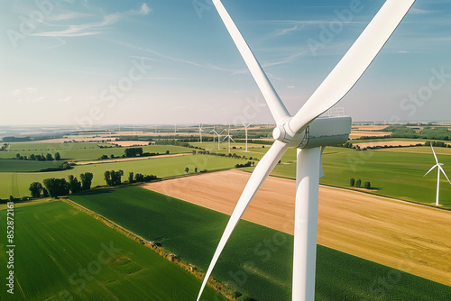 Aerial view of a rural wind farm featuring multiple white wind turbines against a blue sky with clouds. Green fields and distant landscape