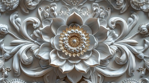 Intricate white and gold floral relief carving on a wall.