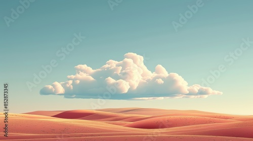 A single fluffy cloud floats above rolling sand dunes in a desert landscape. The sky is a clear blue. photo