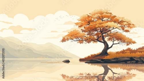A lone tree stands on a small island in a serene lake, its golden leaves reflecting in the water. Mountains rise in the background, creating a tranquil landscape. photo