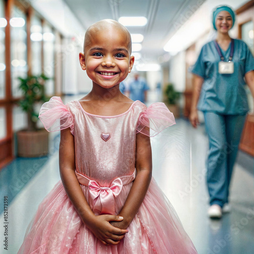Cancer Survivors Day, bald black child in a pink princess dress in a hospital corridor. Happy little african american girl recovering from cancer treatment. Healthcare marketing concept, copy