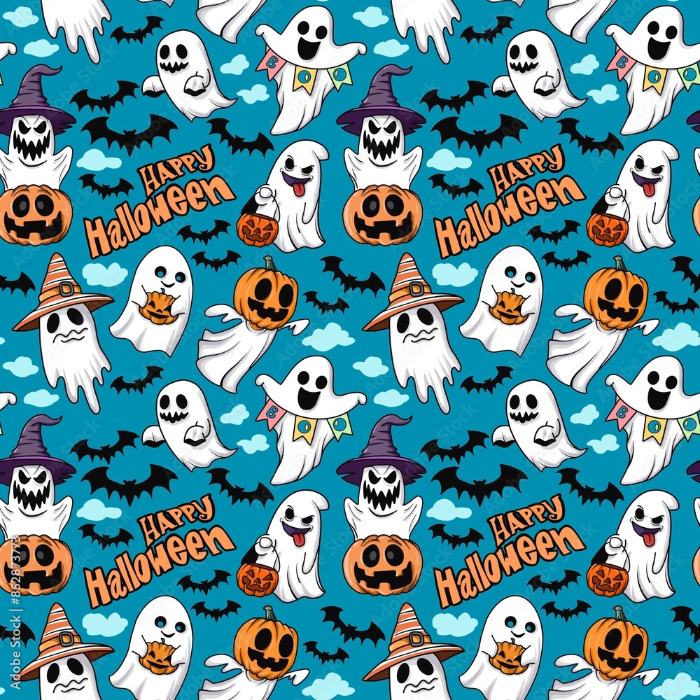 Halloween seamless pattern - creepy pumpkin lanterns with scary faces, traditional holiday halloween symbols ,seamless texture Halloween seamless pattern - creepy pumpkin lanterns with scary faces, traditional holiday halloween symbols ,seamless texture