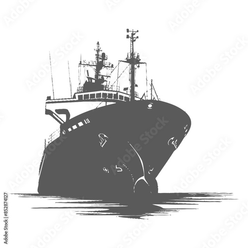 Monochrome Fishing Trawler Silhouette, Rough Water Detail, Isolated Vector.