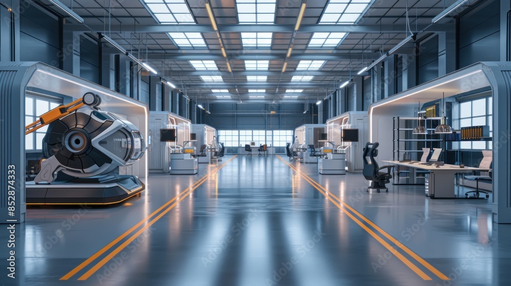Contemporary factory office space, sleek and functional, front view, showcasing modern work environment, robotic tone, Tetradic color scheme Contemporary factory office space, sleek and functional, front view, showcasing modern work environment, robotic tone, Tetradic color scheme