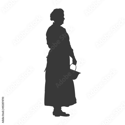 Victorian Woman Silhouette: Apron, Bucket, and Downcast Gaze