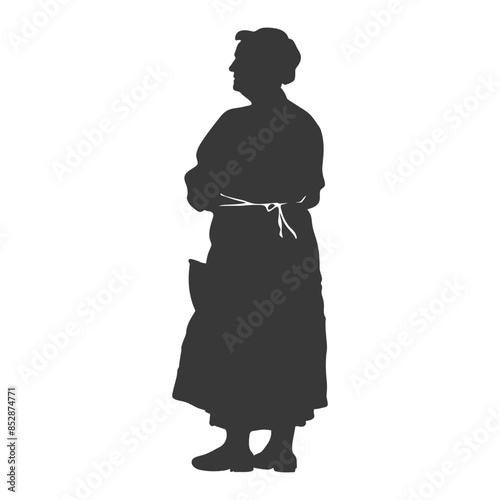 Silhouette of Elderly Woman with Apron, Arms Crossed, Looking Left.