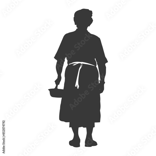 Silhouette of an Elderly Woman with Basket, Apron, and Traditional Dress.