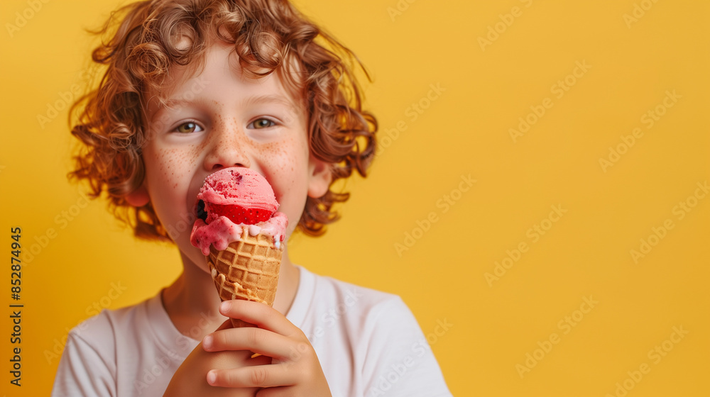 Boy with curly red hair and freckles funny eating strawberry ice cream cone on yellow background Boy with curly red hair and freckles funny eating strawberry ice cream cone on yellow background