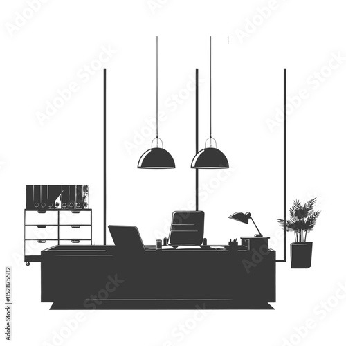 Minimalist Office Interior: Desk, Pendant Lights, and Plant Silhouette.