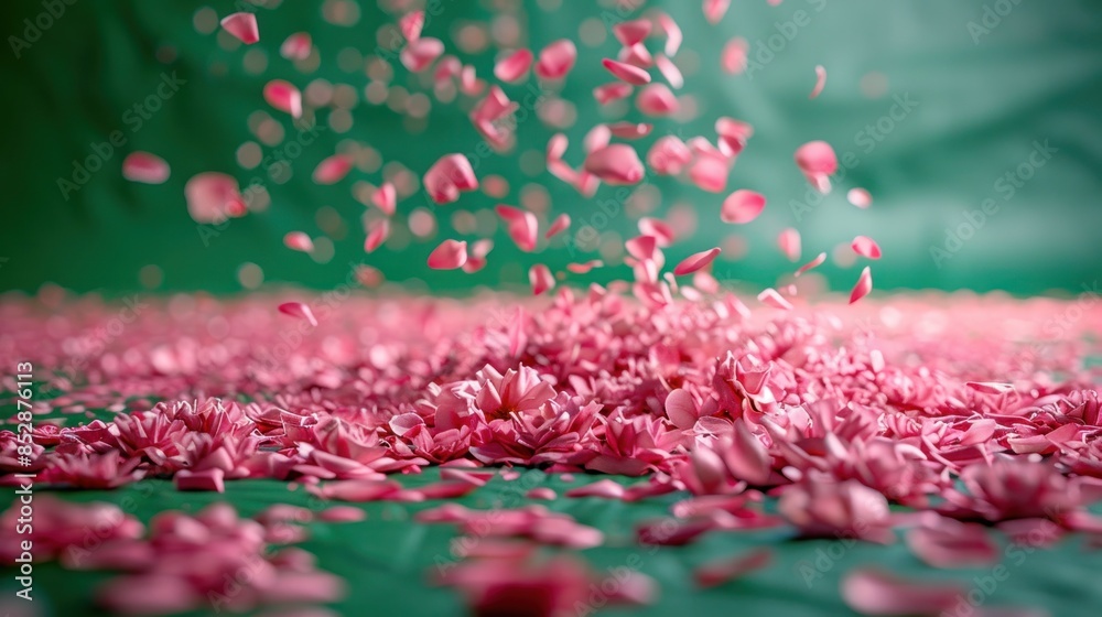 Pink Flower Petals Falling on Green Background Pink Flower Petals Falling on Green Background