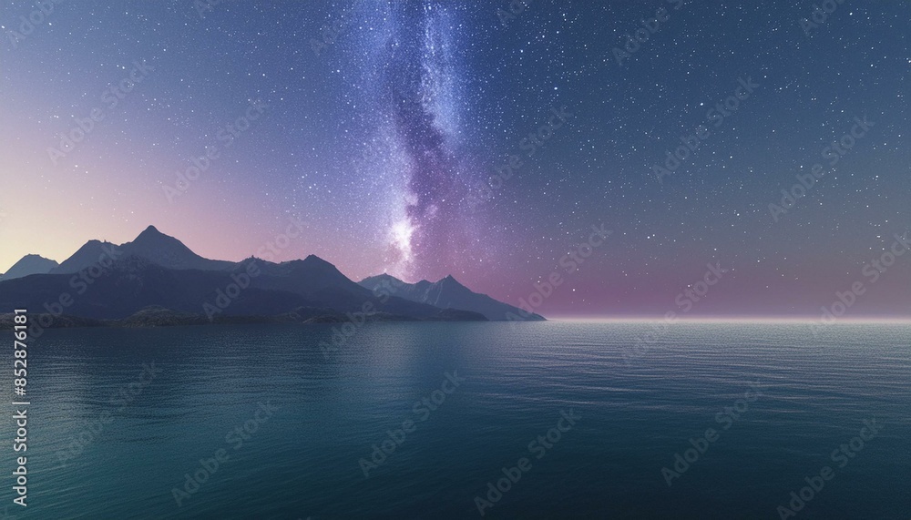 Vista da via láctea em um cenário com o mar e montanhas ao fundo, céu nortuno Vista da via láctea em um cenário com o mar e montanhas ao fundo, céu nortuno