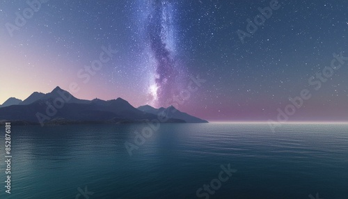 Vista da via láctea em um cenário com o mar e montanhas ao fundo, céu nortuno photo