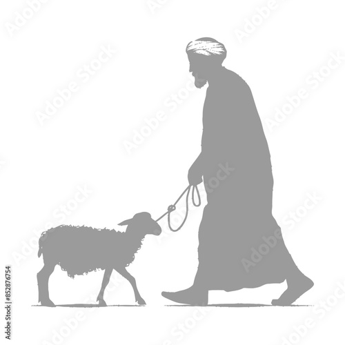Silhouette of Arab Man Leading Lamb, Eid al-Adha Concept