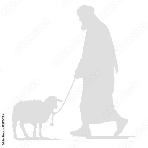 Silhouette of Arab Man Walking Sheep, Cultural Tradition, Middle East.