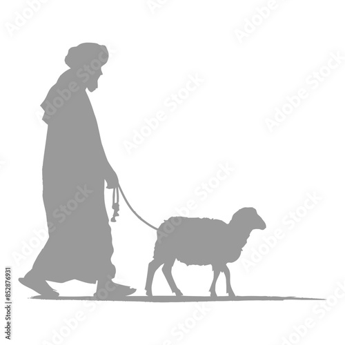 Silhouetted Arab Man Leads Sheep: Traditional Clothing, Desert Pastoral Scene.