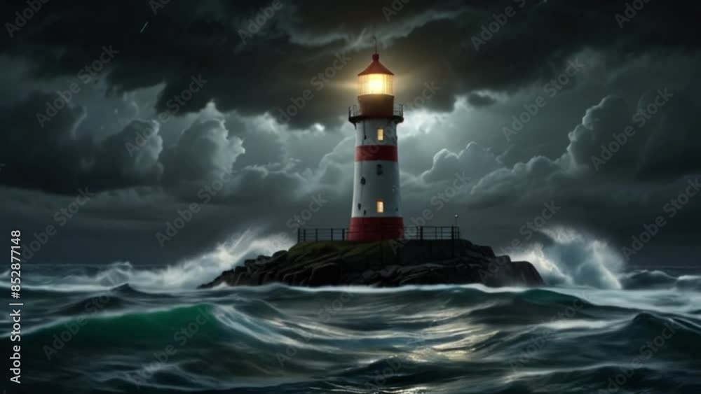 View of a lighthouse in the middle of the sea at night with big waves crashing on it View of a lighthouse in the middle of the sea at night with big waves crashing on it