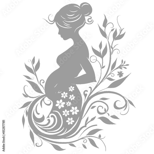 Pregnant Woman Silhouette with Floral Flourishes, Serene Expectation.