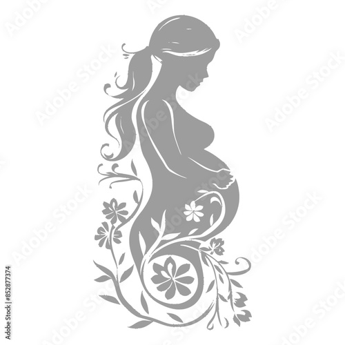 Blooming Pregnancy: Floral Embellished Silhouette of Expectant Mother in Gray.