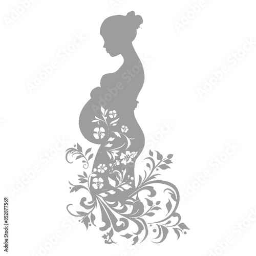 Floral Embrace: Silhouette of Pregnant Woman with Botanical Swirls, Elegance and Expectation