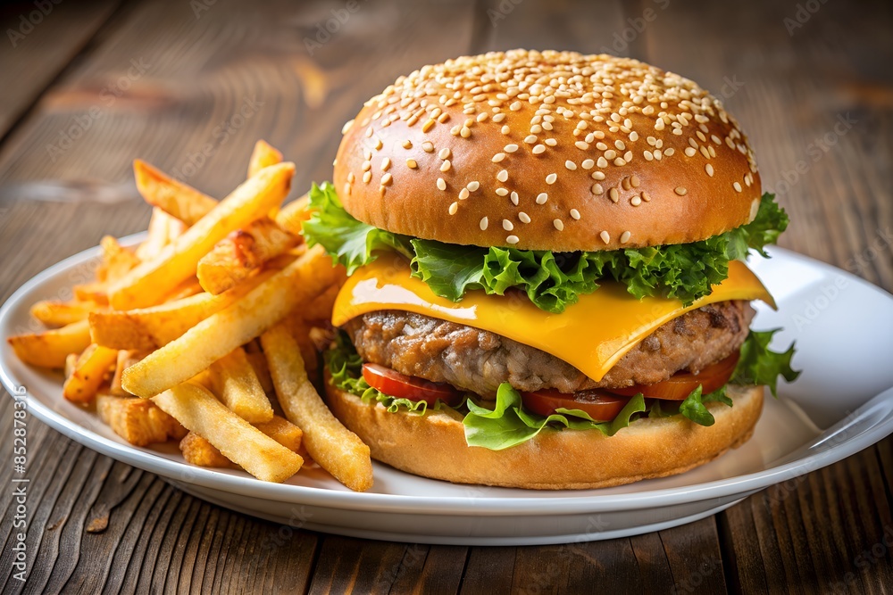 Delicious Cheeseburger and Fries on Rustic Wooden Table Delicious Cheeseburger and Fries on Rustic Wooden Table