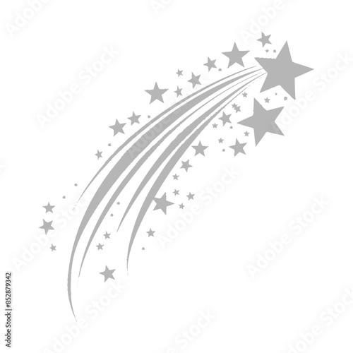 Stylized Silver Shooting Star Trail with Stars, Isolated on White Background.