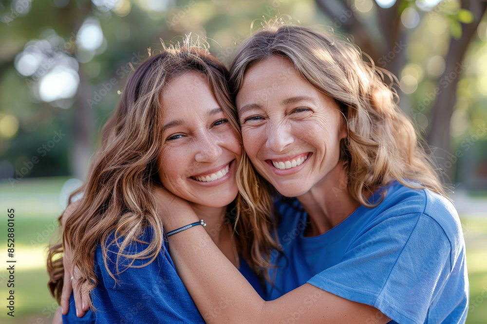 mother and daughter hugging and smiling bonding together