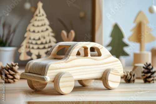 Handmade wooden toy car in child s room  eco friendly montessori plaything for kindergarten photo