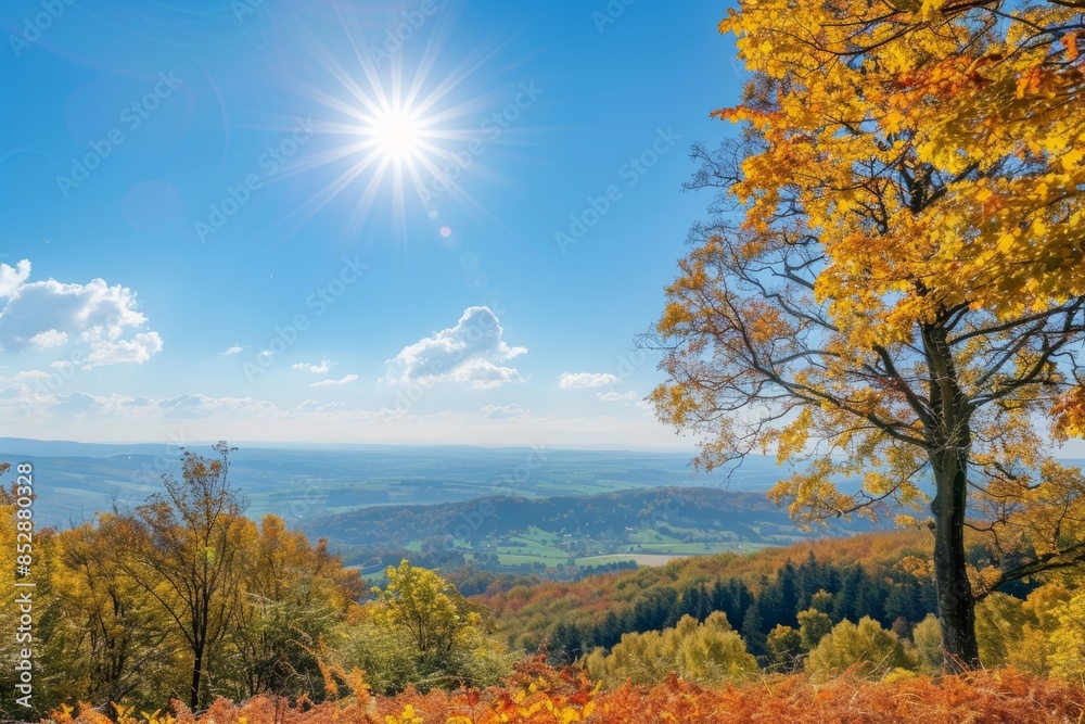 Sunny autumn landscape   charming rural idyll panorama in a picturesque countryside setting