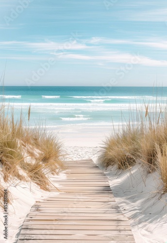 Fototapeta Naklejka Na Ścianę i Meble -  Wooden pathway through sand dunes to a serene beach