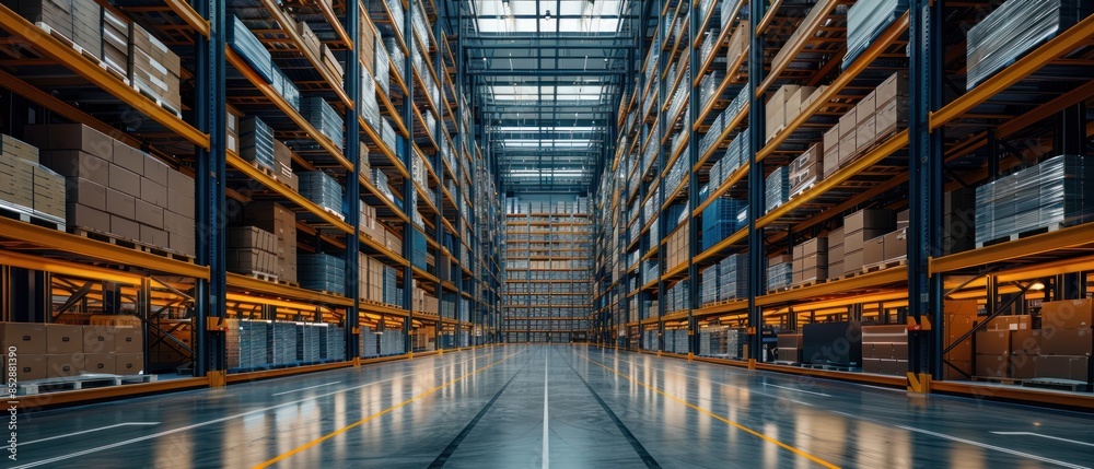 Modern spacious warehouse interior, sleek design, top view, showcasing vast storage space, advanced tone, complementary color scheme Modern spacious warehouse interior, sleek design, top view, showcasing vast storage space, advanced tone, complementary color scheme